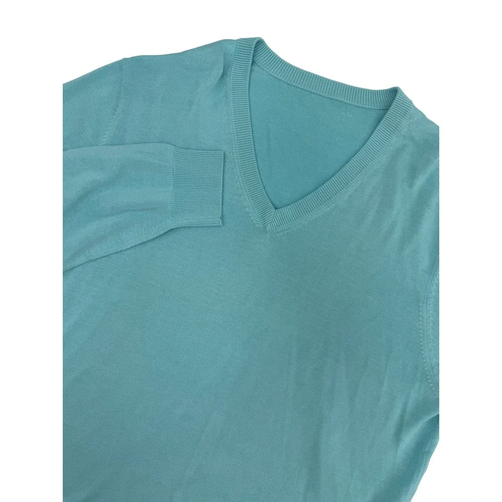 Brooks Brothers Mens Silk Cotton V-Neck Sweater Turquoise Blue XL